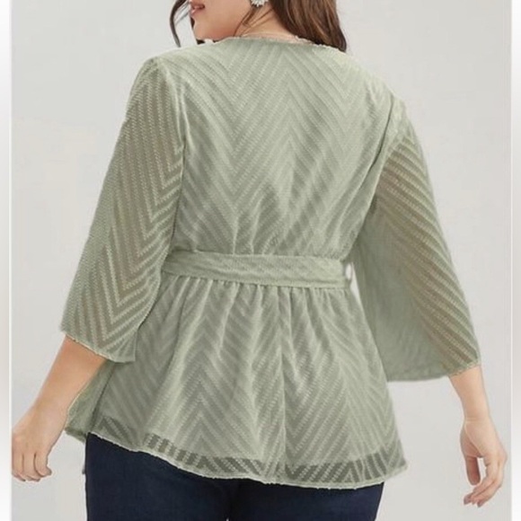 Bloomchic Geometric Mesh Surplice Neck Belted Ruffles Blouse - Picture 2 of 5